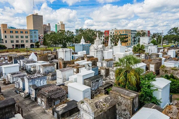 Above-ground tombs in St. Louis Cemetery No. 1 on a New Orleans cemetery and ghost history tour, Louisiana