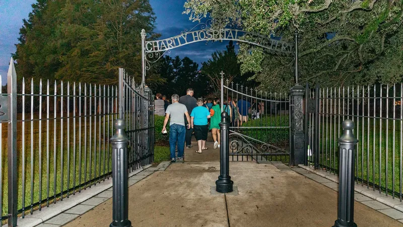 Night bus tour at a New Orleans cemetery on a ghost and graveyard tour, Louisiana