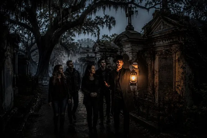 Tour bus at a New Orleans cemetery on a night cemetery and ghost bus tour, Louisiana