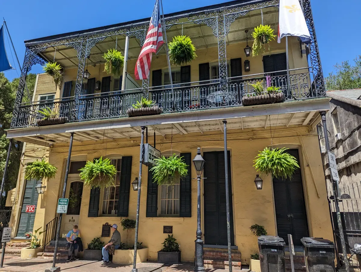 The Andrew Jackson Hotel on Royal Street with its iron gallery, a haunted hotel on a New Orleans ghost tour route
